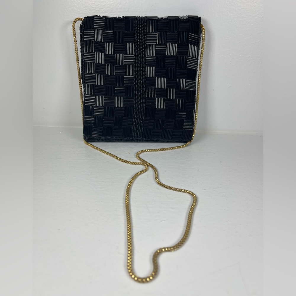 Walborg Hong Kong ladies black evening bag gold chain purse clutch Vintage 1960s
